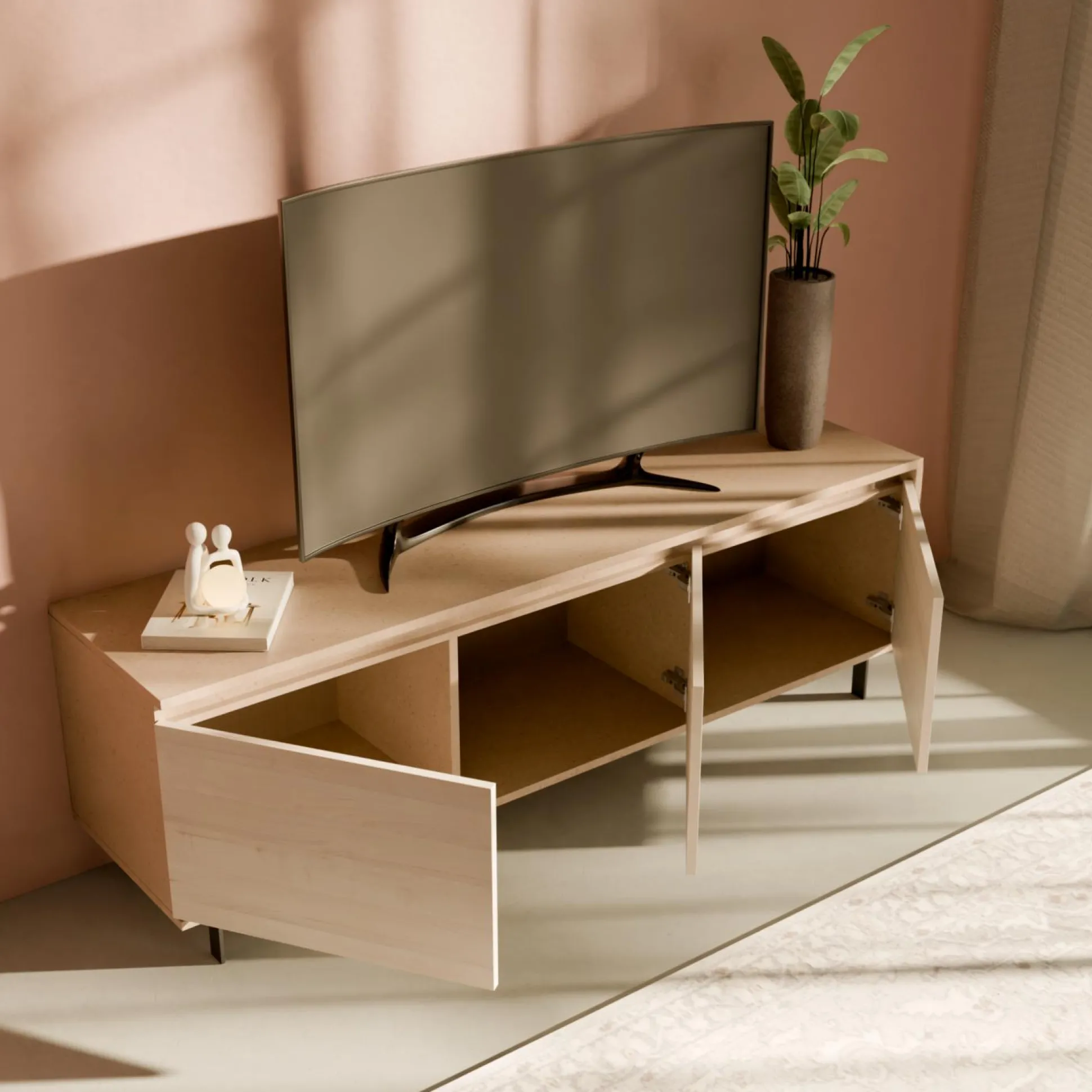 Meuble TV 3 portes décor bois Gustavo - Gris minéral/Frêne