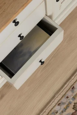 Meuble TV bois massif 2 portes 3 tiroirs Embellie - Grège