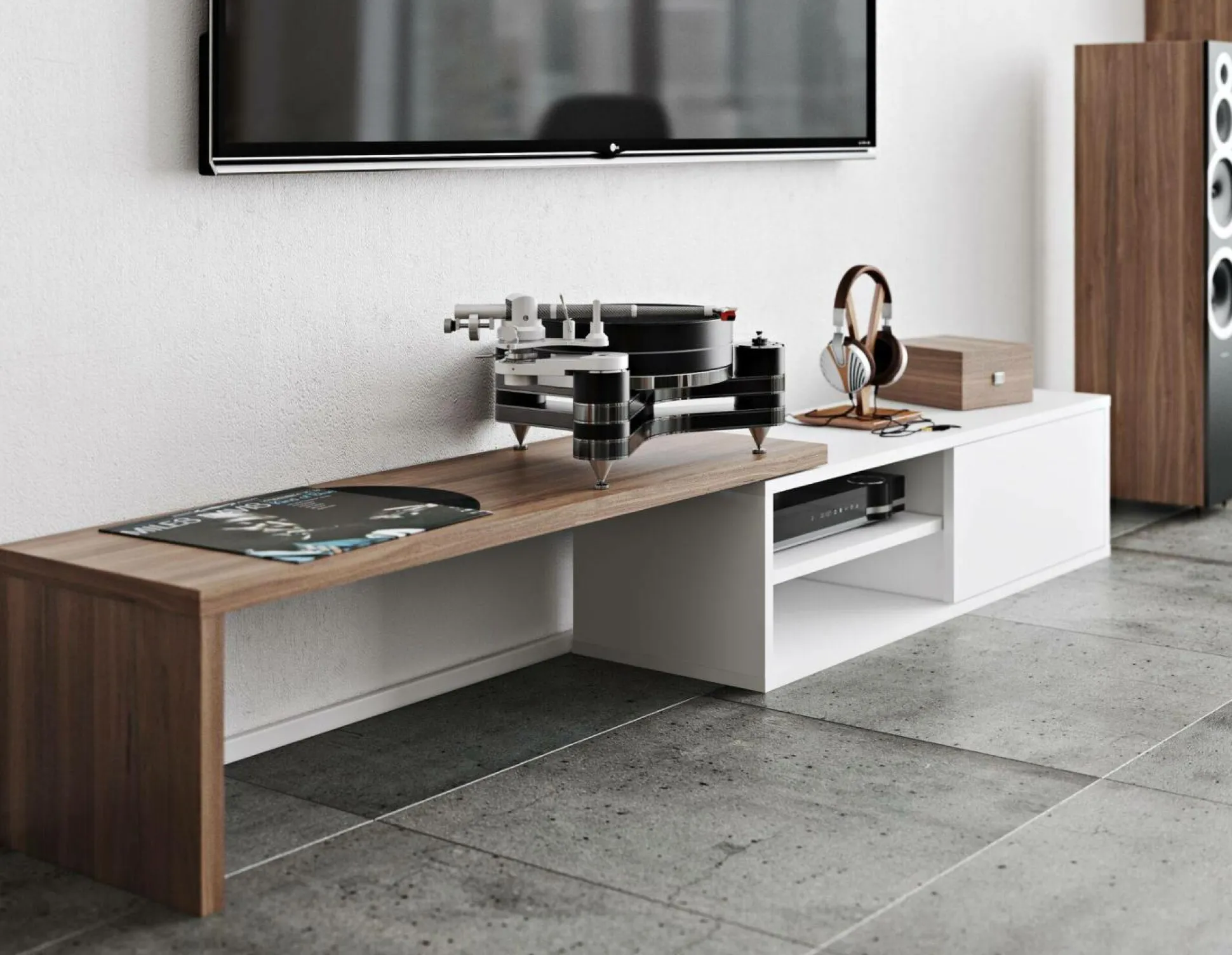 Meuble TV Torre - Blanc/Noyer - Placage bois véritable