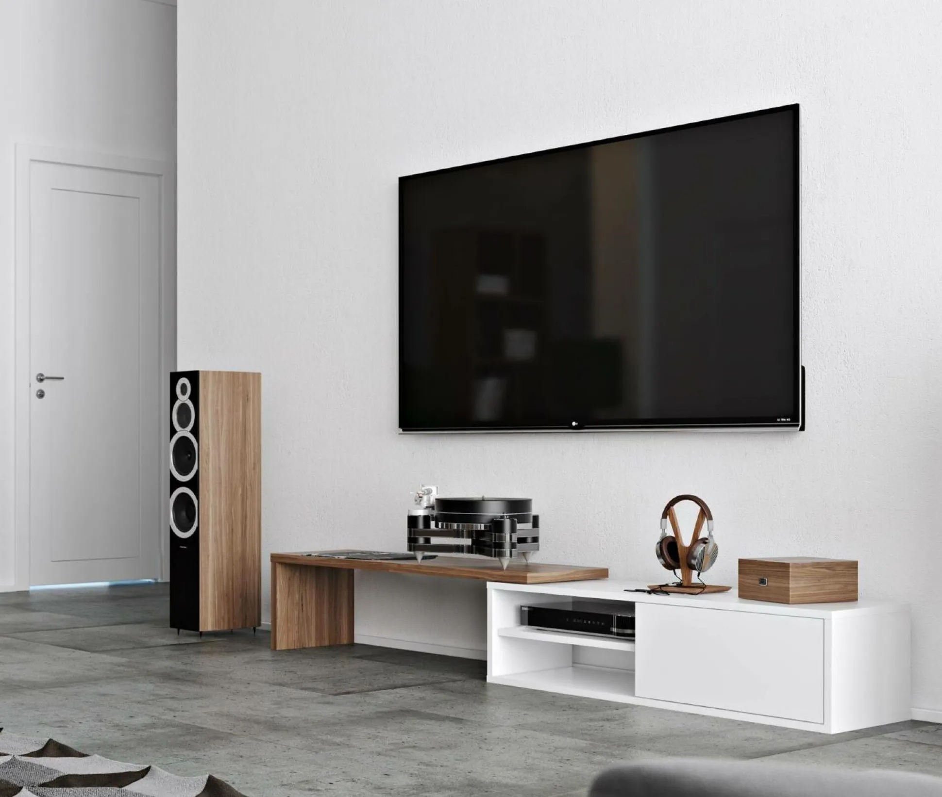 Meuble TV Torre - Blanc/Noyer - Placage bois véritable