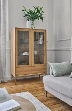 Meuble vitrine led chêne massif 2 portes 1 tiroir Charles