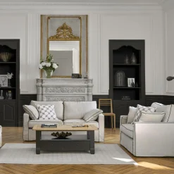 Pouf coton/lin déhoussable Margot - Beige/Anthracite