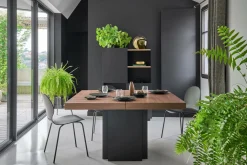 Table à manger carrée décor bois et noir pied central 6 personnes Dusk - Noyer/Noir