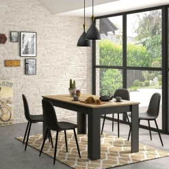 Table à manger rectangulaire extensible décor bois et noir 6 à 8 personnes Garance