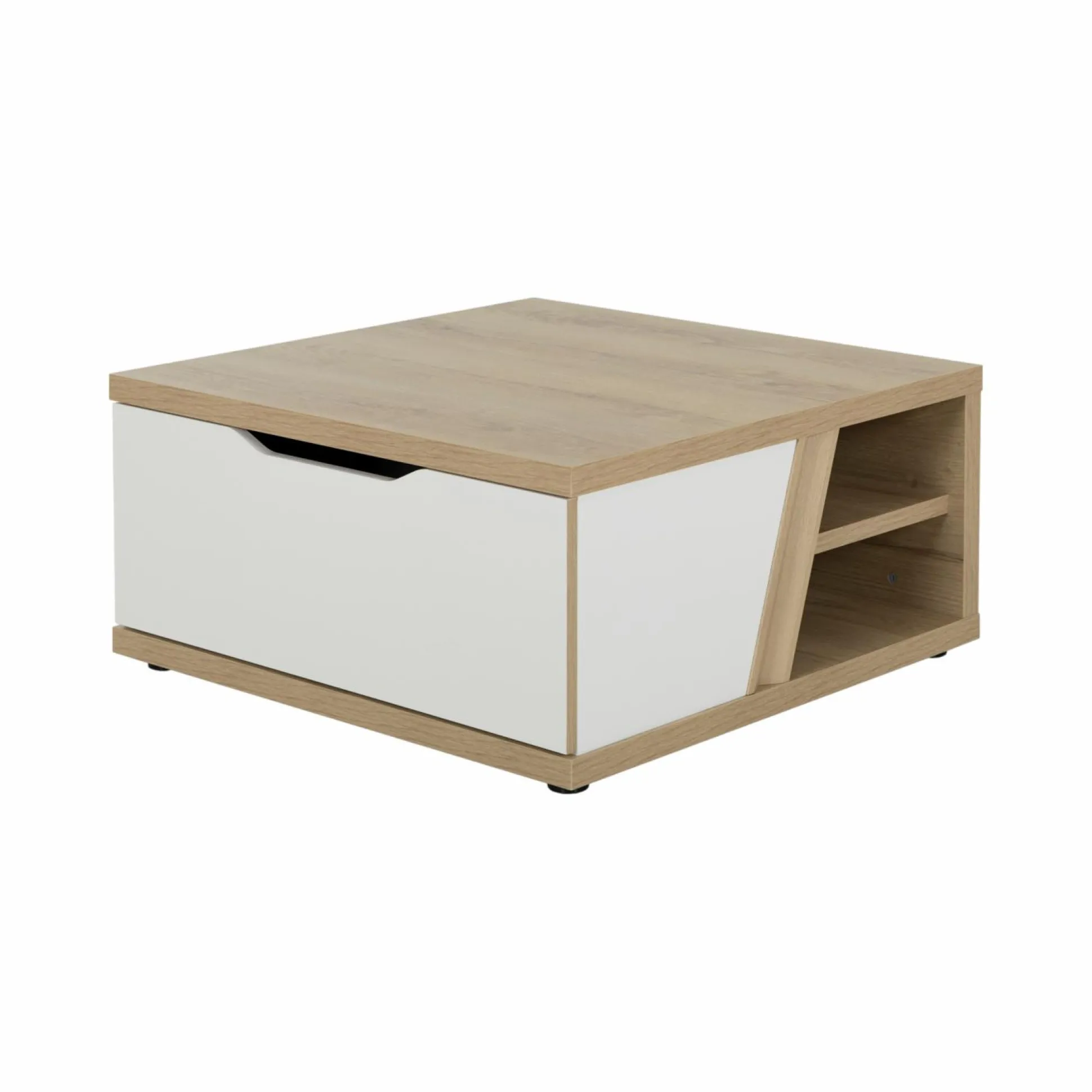 Table basse carrée décor bois et blanc avec tiroir Gustave