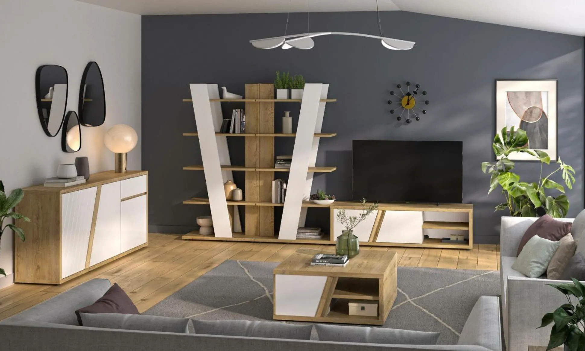 Table basse carrée décor bois et blanc avec tiroir Gustave