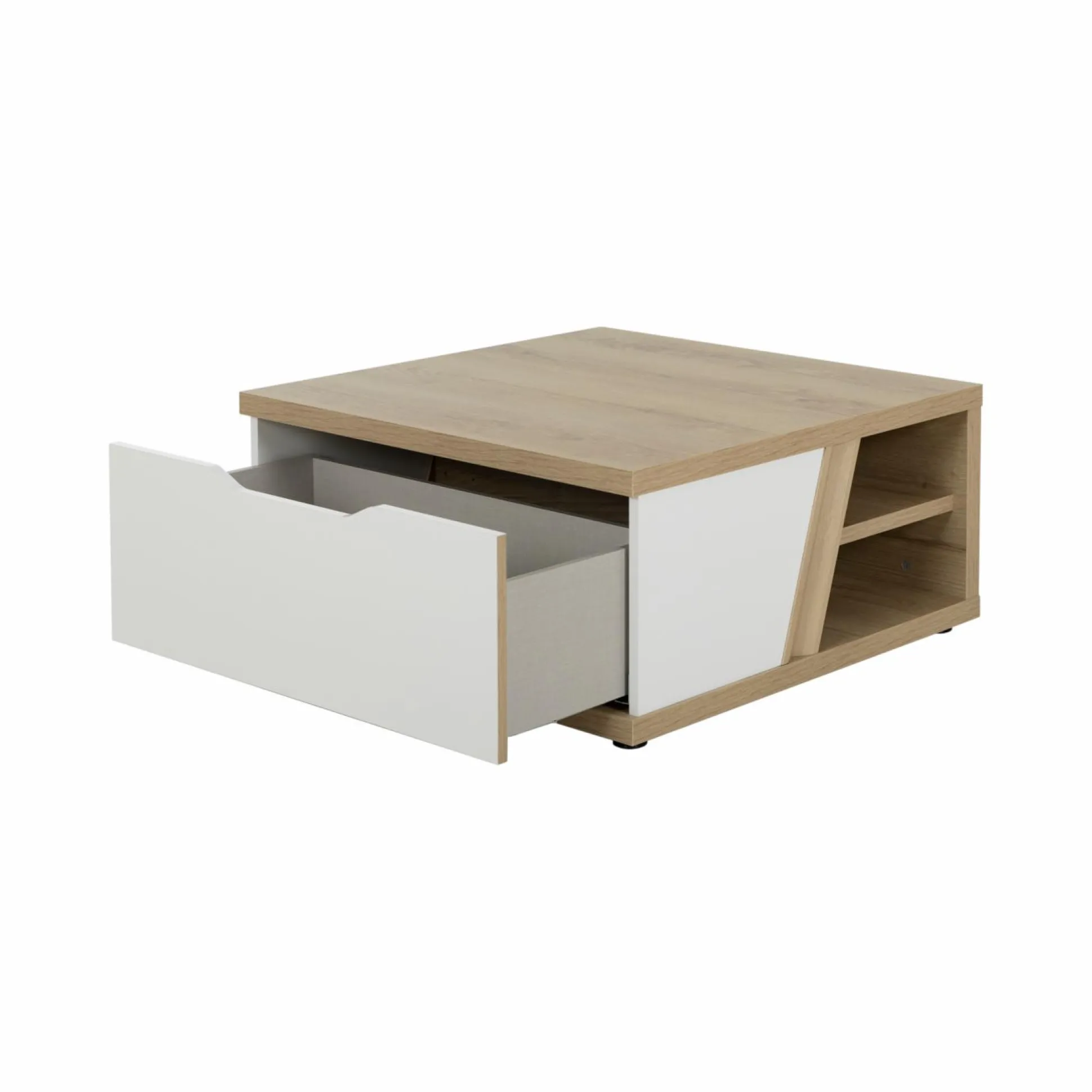 Table basse carrée décor bois et blanc avec tiroir Gustave