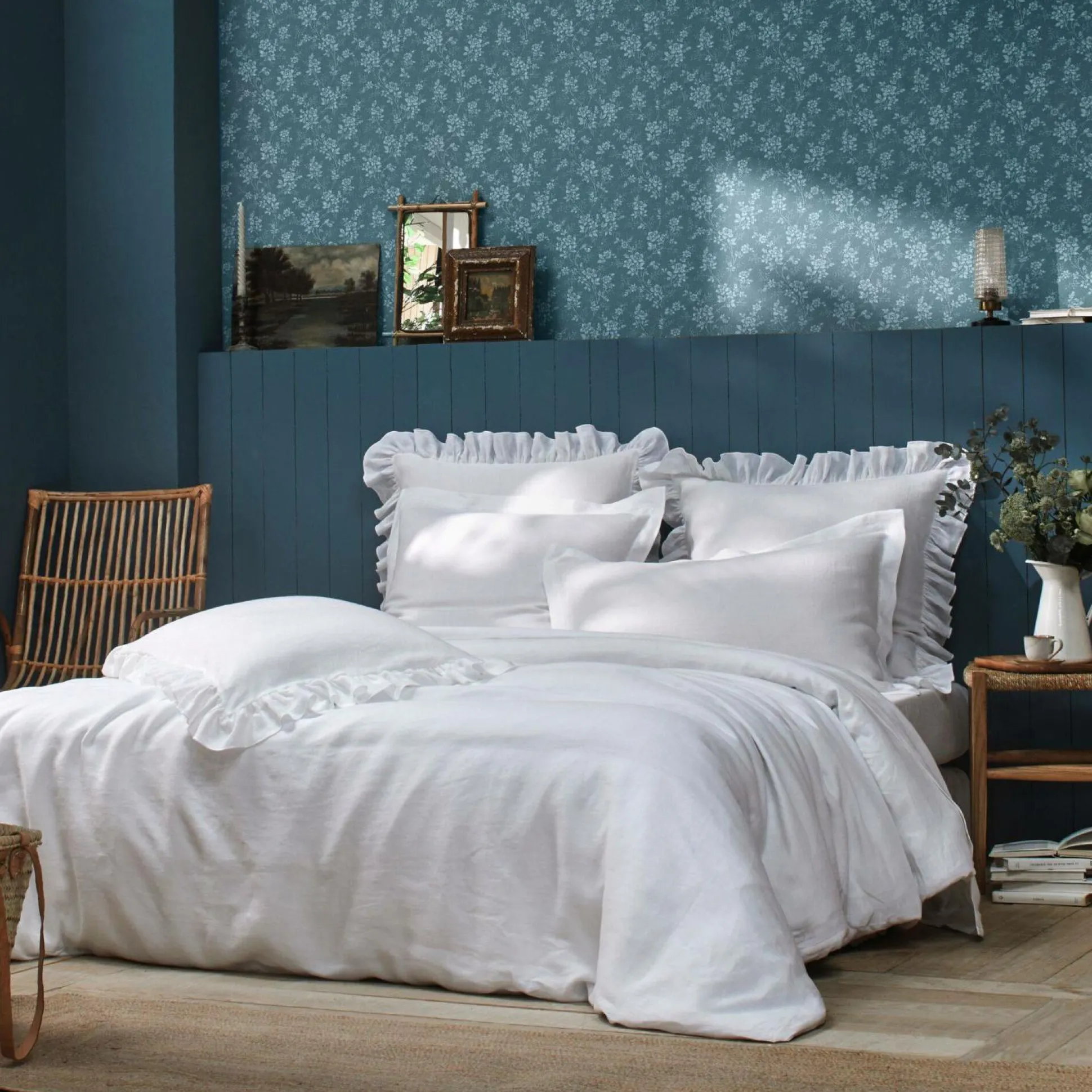 Taie d'oreiller volant froncé lin Suzette - Blanc - 65 x 65 cm